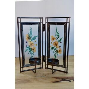 Vintage Pressed Flower Art Candle Holder - Metal and Glass Panels